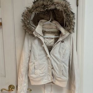 Hollister White Bomber Jacket with Faux Fur Hood